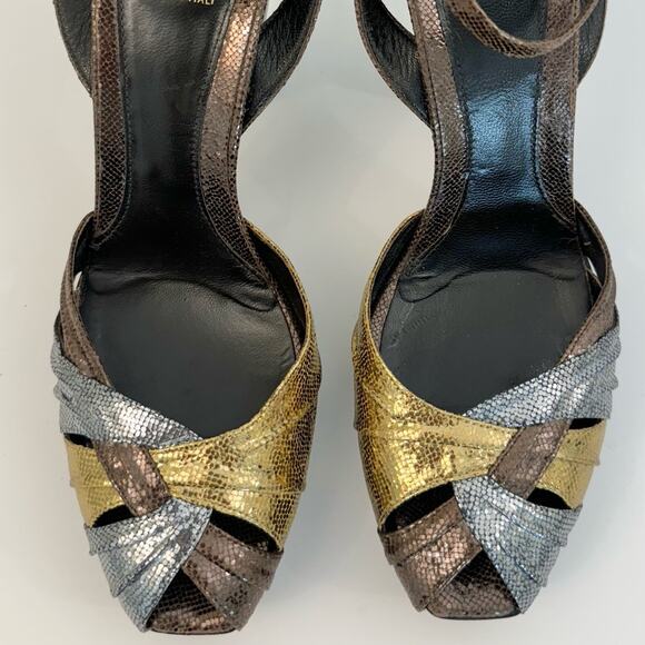 Fendi Orlando High Heel Sandals Bronze Gold Silver Leather Wood |Size 41 (US 10) - Picture 3 of 10